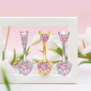 Pink heart belly button ring set with devil horns in stainless steel and pink zircon