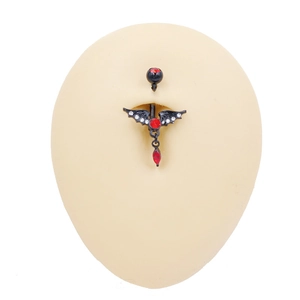 Piercing de ombligo gótico alas de murciélago con circón rojo en metal negro