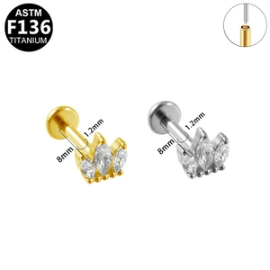 Clou de labret en titane ASTM F136 avec couronne de zircon marquise or et argent