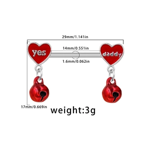 Titanium nipple ring with bells and red enamel hearts featuring yes daddy lettering