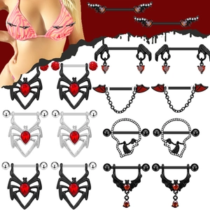 Gothic Stainless Steel Nipple Ring Set Spider Bat Skull Skeleton Hand Heart Red Zirconia Body Piercing Jewelry Halloween Women