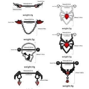 Size guide for gothic stainless steel nipple rings with spider and bat charms