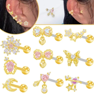 Edelstahl Zirkonia Herz Schmetterling Schleife Knorpel Ohrstecker Vergoldet Stern Mond Blume Tragus Helix Piercing Schmuck Für Damen