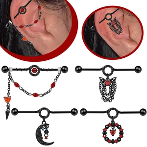 Gothic Black Titanium Steel Industrial Barbell Earrings Moon Bat Heart Rhinestone Chain Pendant Piercing Jewelry For Halloween Party