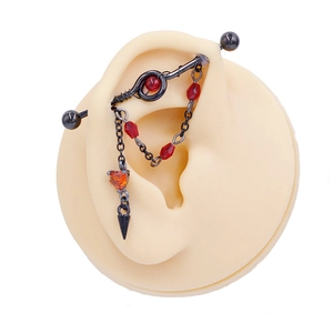 Gothic industrial barbell earring with red heart pendant and black chain detail