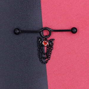 Gothic industrial barbell earring with black bat wings and red heart pendant chain