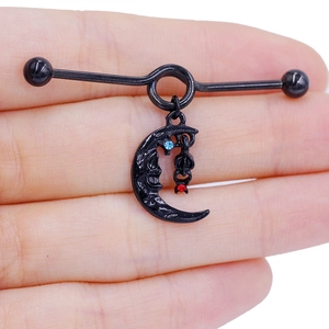Gothic industrial barbell with moon and bat charms in black coated stainless steel