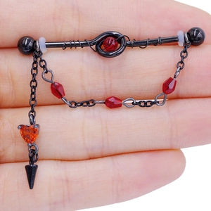Industrial barbell earring with red heart gemstone and black chain dangle drop