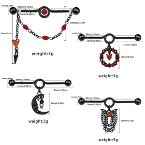 Industrial piercing barbell set in black stainless steel with red stones and chains