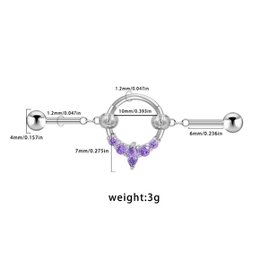 Titanium βιομηχανικό barbell με μοβ ζιργκόν καρδιά και λεπτομέρειες διαστάσεων