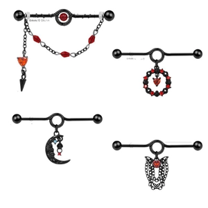 Gothic industrial barbell earring set with chain heart and moon pendants in black metal