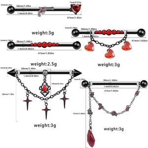 Sizing chart for black stainless steel industrial barbells with cross and heart motifs