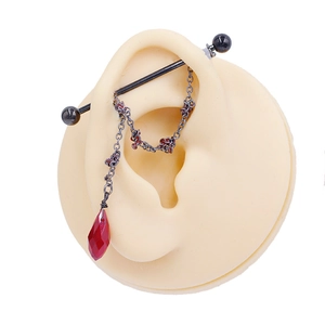 Industrial barbell with black chain and faceted red teardrop gemstone detail