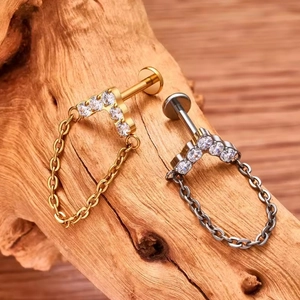 F136 titanium V-shaped chain labret with five zircon stones in silver and gold finish