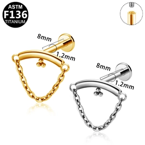 ASTM F136 titanium internally threaded labret stud earring with chain and 3-bead cluster