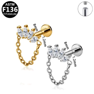 Detail view of ASTM F136 titanium piercing labret with marquise cz and inner thread