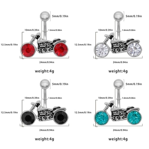 Motorcycle shaped belly button rings with colorful enamel and inlaid round crystals