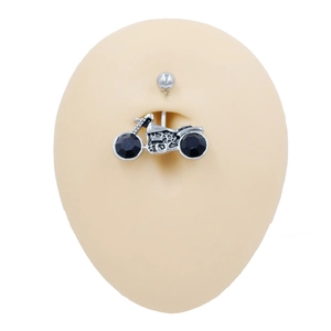 Silver stainless steel motorcycle navel ring featuring black zircon wheels on skin dummy