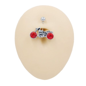 Silver stainless steel motorcycle belly ring with vibrant red rhinestone accents