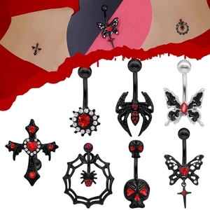 Gothic Black Spider Cross Belly Button Ring For Women Men Zinc Alloy Red Zirconia Punk Skull Butterfly Navel Piercing Jewelry Halloween Gift