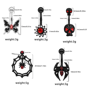 Gothic black belly button rings set featuring spider, skull, and butterfly designs