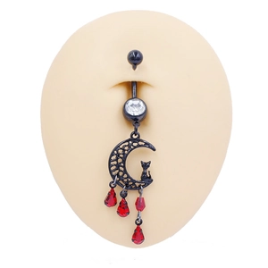 Piercing ombelico con gatto sulla luna nera e gemme a goccia rosse pendenti