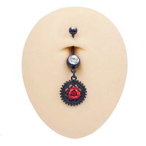 Piercing ombelico punk con ingranaggio nero, rosa rossa e strass bianchi brillanti