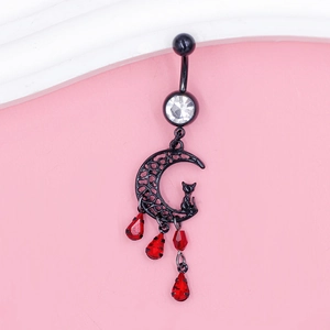 Piercing ombelico gotico luna nera e gatto con pendenti di cristallo rosso
