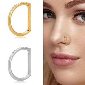 G23 titanium D-shape nose ring clicker with zircons in gold and silver finish