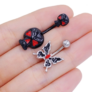 Dark gothic belly rings featuring a black skull design and a silver butterfly with red crystals