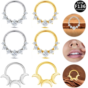 Stainless Steel Hinged Segment Nose Ring For Women Men Square Rhinestone Inlaid Triple Moon Septum Clicker Body Piercing Jewelry