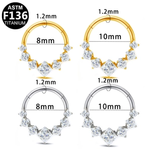 G23 titanium nose ring set with square cubic zirconia stones in silver and gold plating