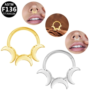 Triple Moon Septum Ring in ASTM F136 Titanium with square zircon for nose piercing