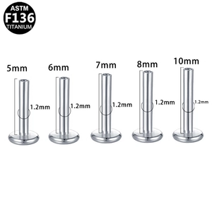 Detailed view of G23 titanium labret studs in 1.2mm gauge with various length options