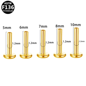 G23 titanium push-in labret studs set in multiple lengths 5mm to 10mm gold finish