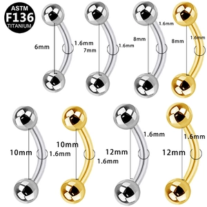 F136 titanium curved barbell piercing sizes from 6mm to 12mm with 1.6mm thickness
