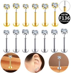 ASTM F136 Titanio Labret Stud Redondo Zirconia Rosca Interna Piercing Labio Espalda Plana Pendiente Cartílago Joyería Piercing Hombre Mujer