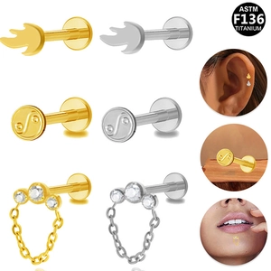 ASTM F136 Titanium Flame Tai Chi Infinity Lip Piercing Stud Gold Silver Rhinestone Chain Labret Earring Body Jewelry