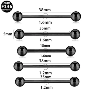 Detail showing G23 titanium industrial barbells in black finish with size measurements