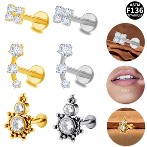 Copper Zirconia Lip Stud Rings For Women Men Internal Thread Piercing Jewelry Flower Sun Curved Labret Stud Earring