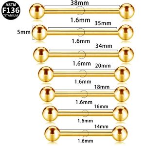 Golden ASTM F136 titanium industrial barbell earrings with sizes from 14mm to 38mm