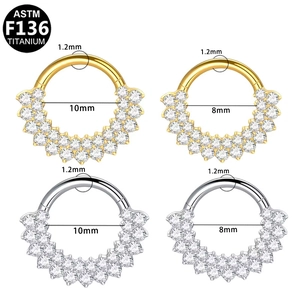 ASTM F136 titanium clicker ring with double row cubic zirconia in silver and gold