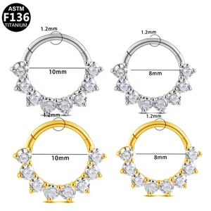 Detail of G23 titanium septum rings with sparkling cubic zirconia in gold and silver