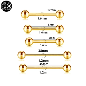 Detailed size guide for gold G23 titanium barbells with 1.2mm and 1.6mm thickness options