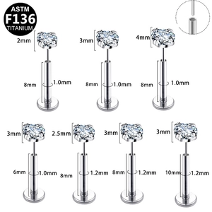 Set de labret de titanio ASTM F136 con circonitas claras en varios tamaños y largos