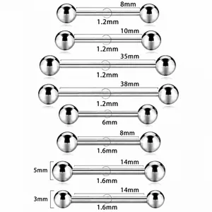 Size chart for ASTM F136 titanium straight barbell piercings in various gauge and lengths