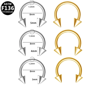 ASTM F136 titanium horseshoe ring detail showing 1.2mm gauge and spike sizes