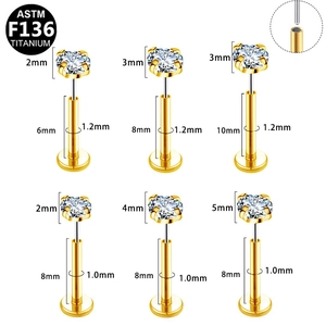 Tabla detallada de piercings labret de titanio G23 con medidas de circonita y poste