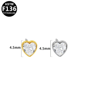 ASTM F136 titanium push-in heart zircon piercing tops in gold and silver finishes