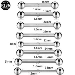Detailed size chart for G23 titanium straight barbell body piercing jewelry sets